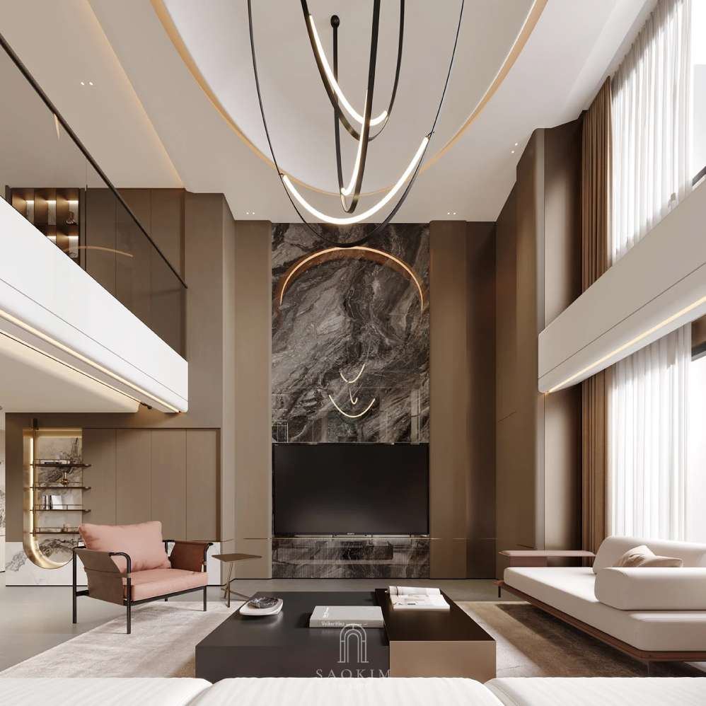 hong cách thiết kế nội thất Luxury với chất liệu đá, gỗ,.. cao cấp